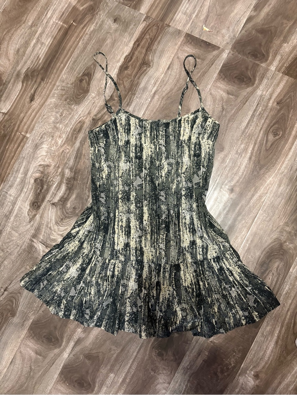 Urban Outfitters Black and Cream Pleated Spaghetti Strap Mini Dress